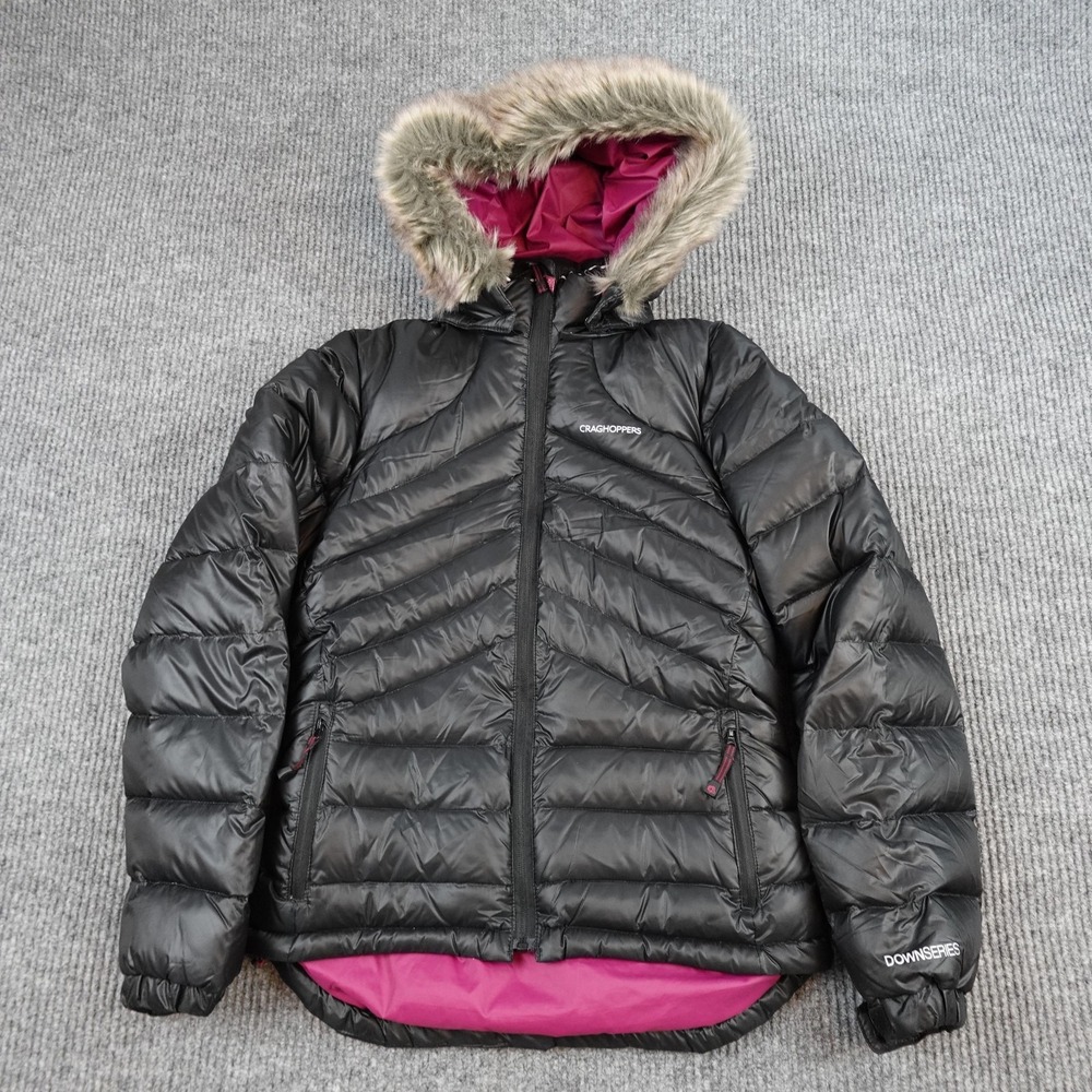 Craghoppers Jacket Womens 4 Black Down Hooded Fur Trim Quilted Puffer Full Zip
